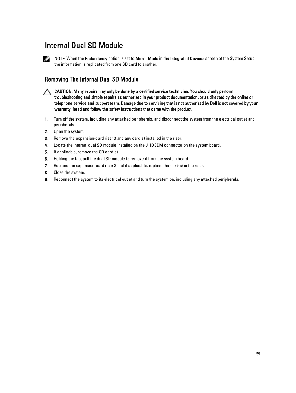 Internal dual sd module, Removing the internal dual sd module | Dell Powervault DL2300 User Manual | Page 59 / 121