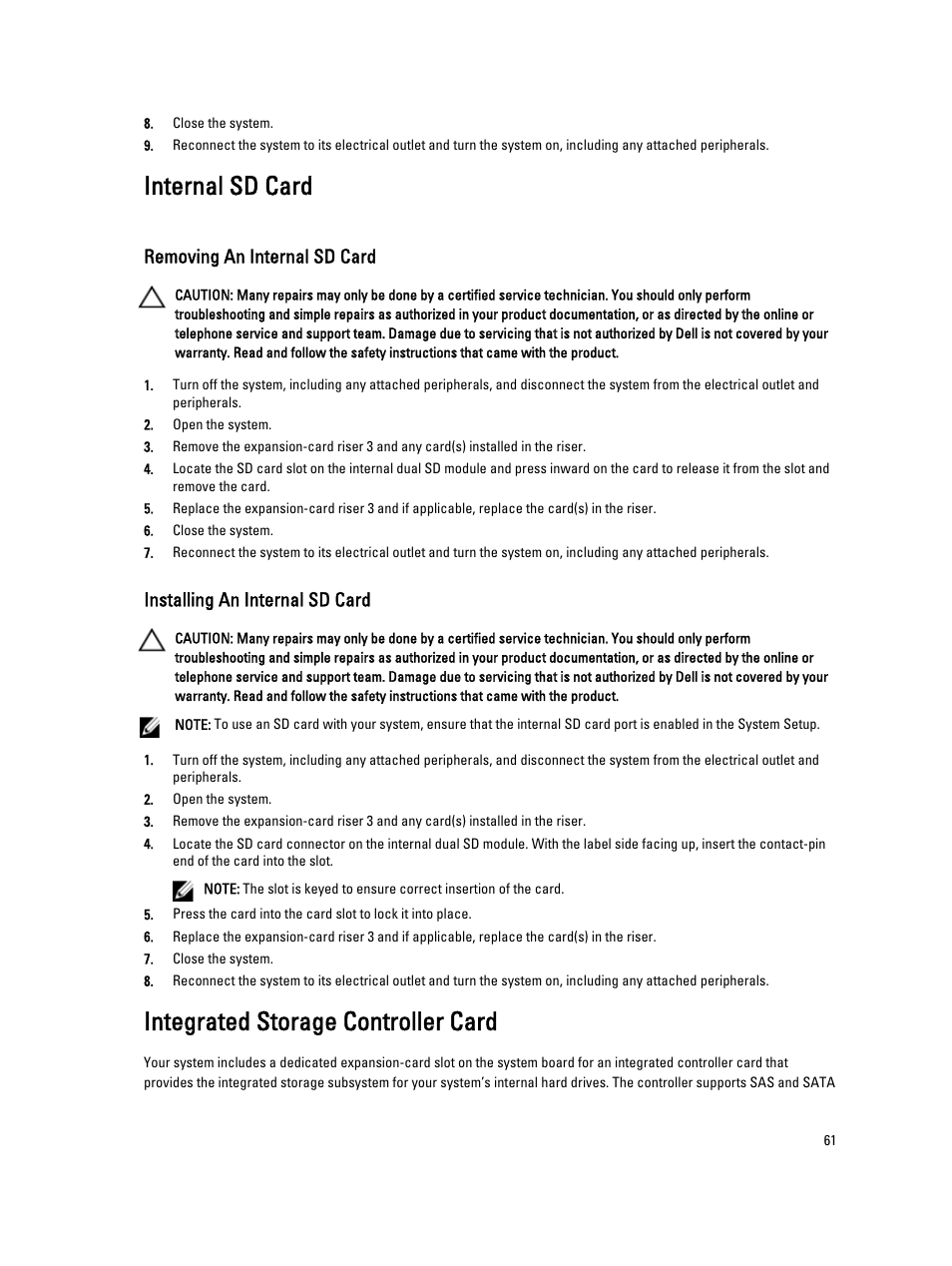 Internal sd card, Removing an internal sd card, Installing an internal sd card | Integrated storage controller card | Dell Powervault DL2300 User Manual | Page 61 / 121