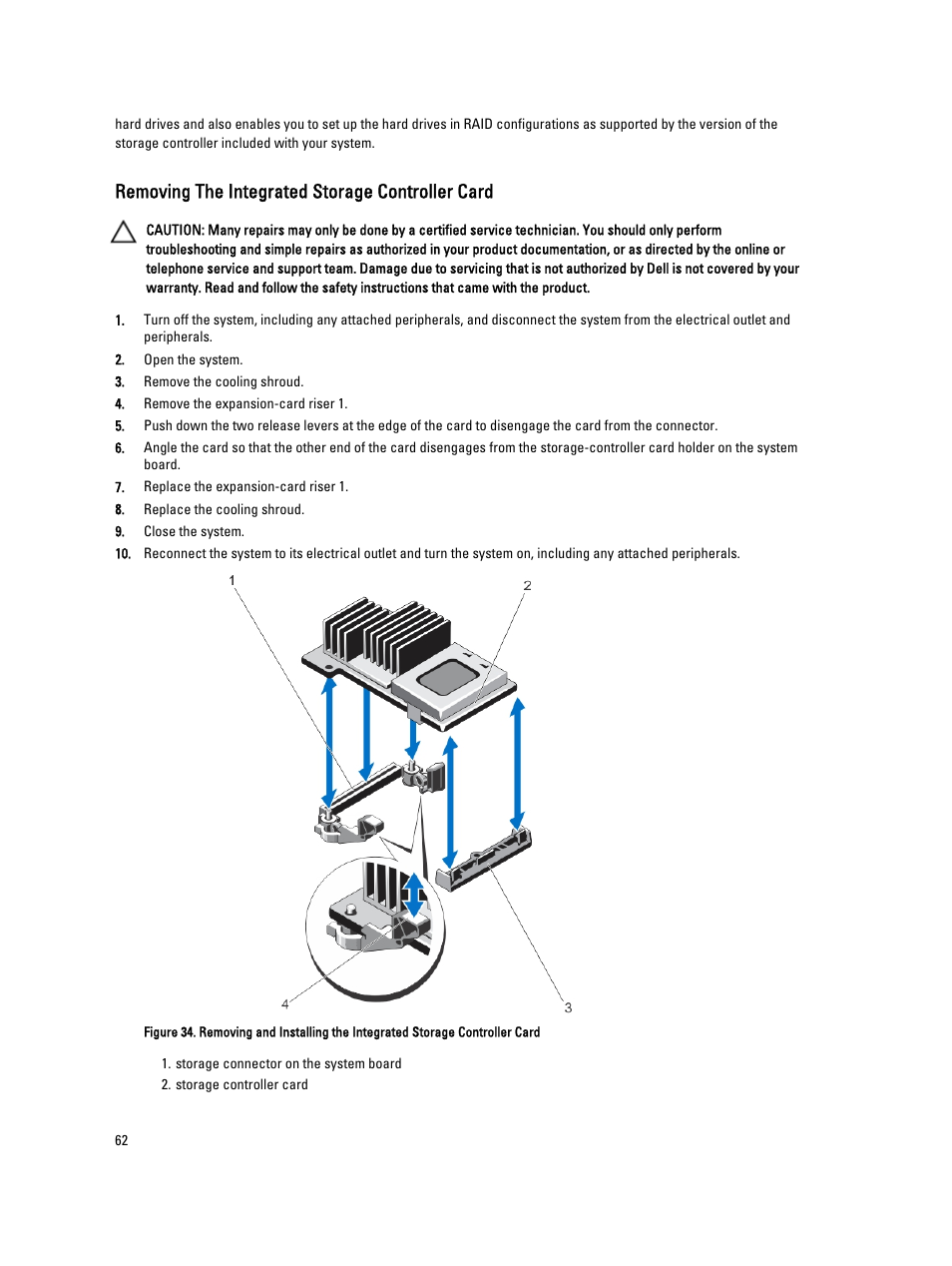 Removing the integrated storage controller card | Dell Powervault DL2300 User Manual | Page 62 / 121