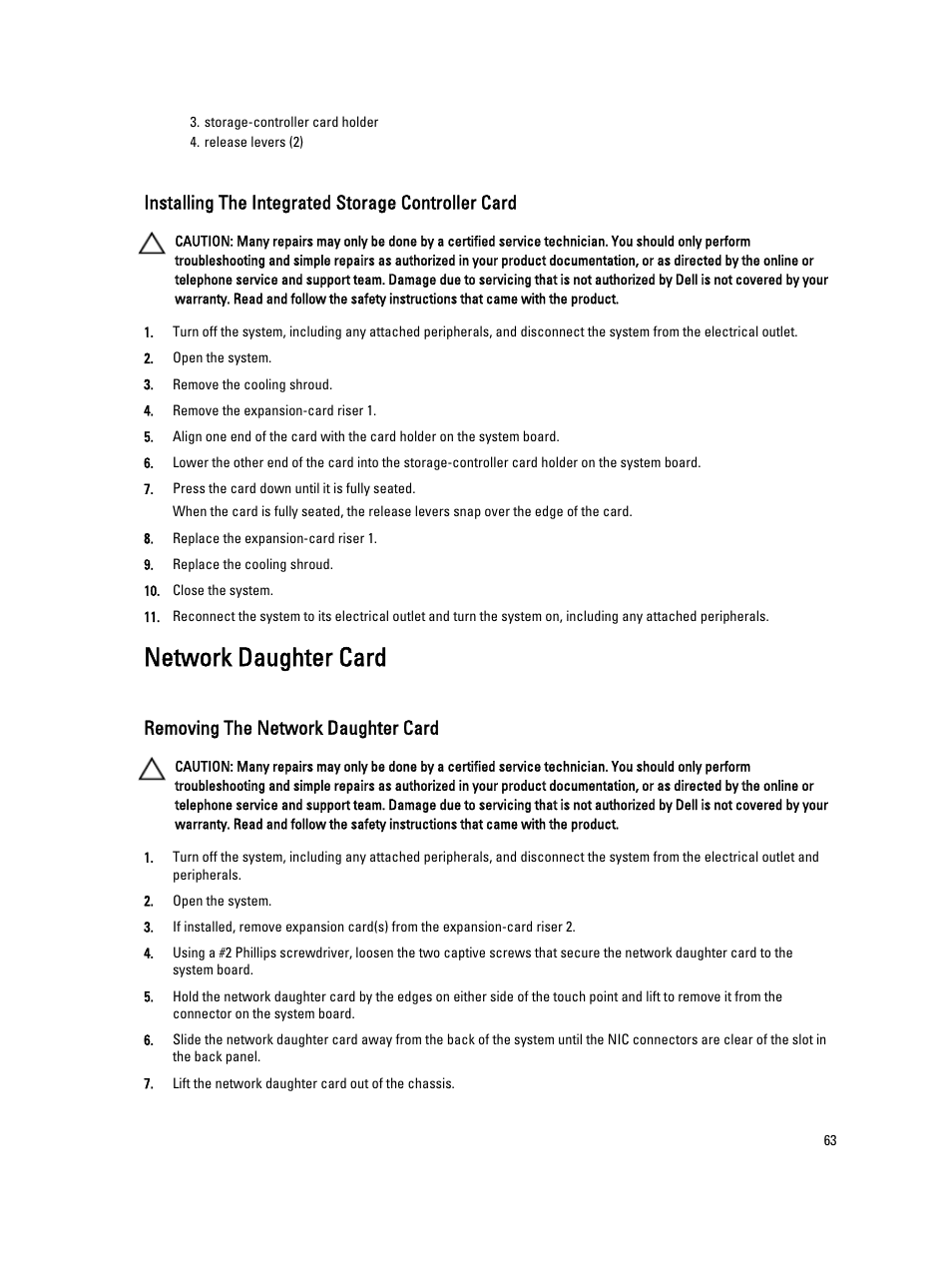 Installing the integrated storage controller card, Network daughter card, Removing the network daughter card | Dell Powervault DL2300 User Manual | Page 63 / 121