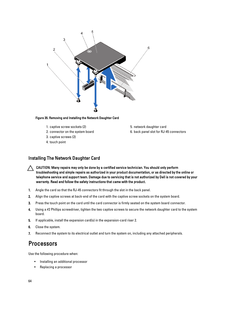 Installing the network daughter card, Processors | Dell Powervault DL2300 User Manual | Page 64 / 121