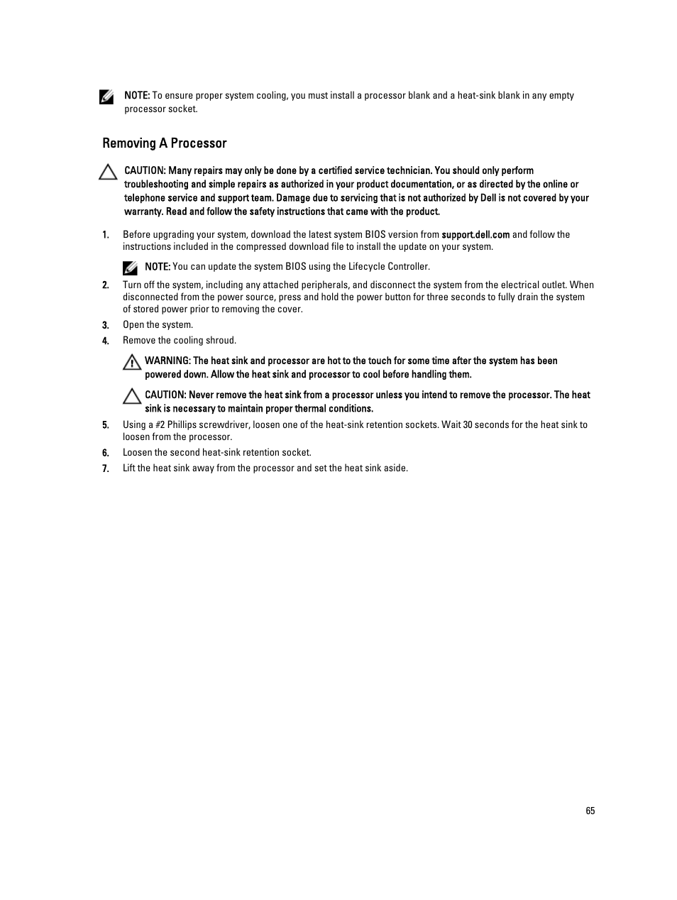 Removing a processor | Dell Powervault DL2300 User Manual | Page 65 / 121