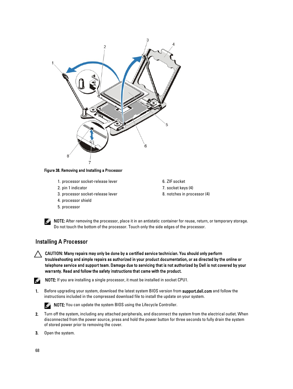 Installing a processor | Dell Powervault DL2300 User Manual | Page 68 / 121