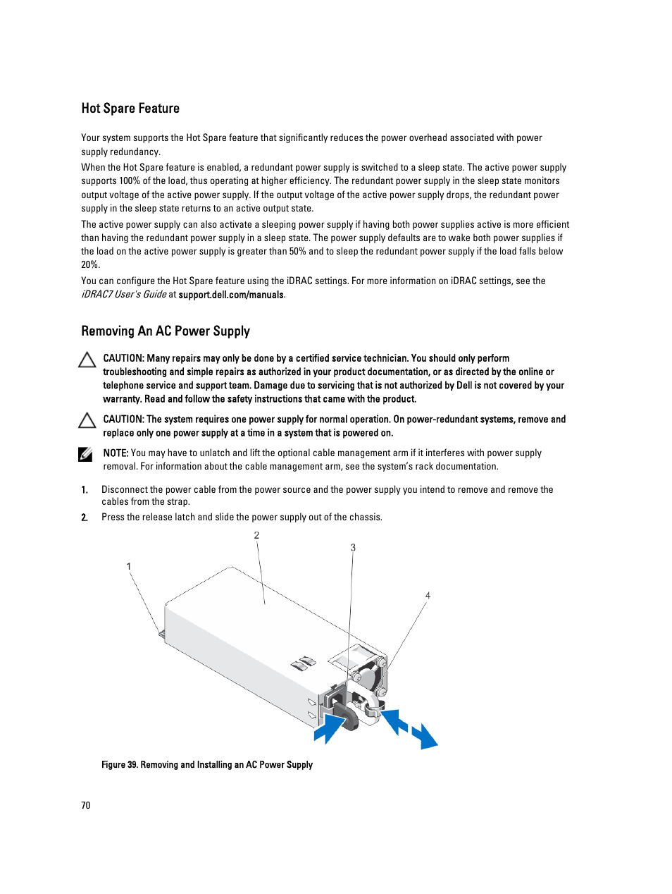 Hot spare feature, Removing an ac power supply | Dell Powervault DL2300 User Manual | Page 70 / 121