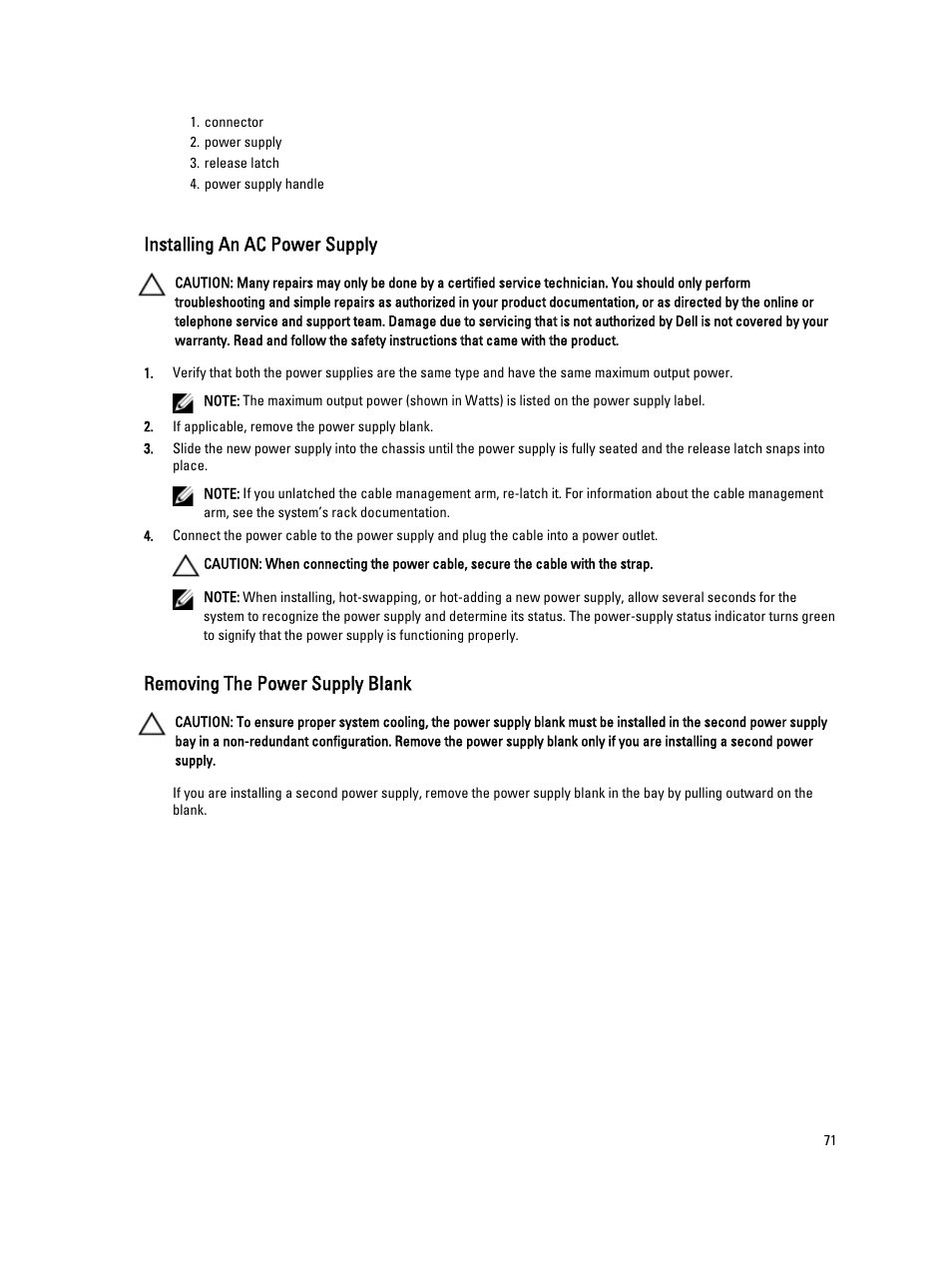 Installing an ac power supply, Removing the power supply blank | Dell Powervault DL2300 User Manual | Page 71 / 121