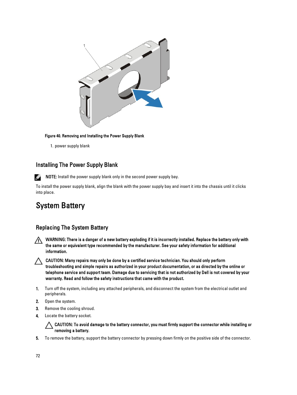Installing the power supply blank, System battery, Replacing the system battery | Dell Powervault DL2300 User Manual | Page 72 / 121