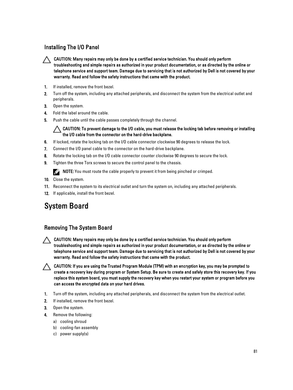 Installing the i/o panel, System board, Removing the system board | Dell Powervault DL2300 User Manual | Page 81 / 121