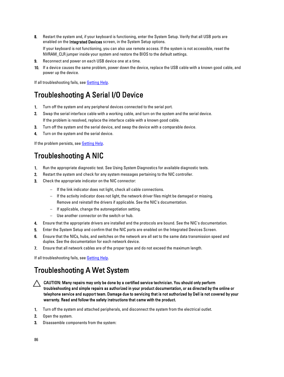 Troubleshooting a serial i/o device, Troubleshooting a nic, Troubleshooting a wet system | Dell Powervault DL2300 User Manual | Page 86 / 121