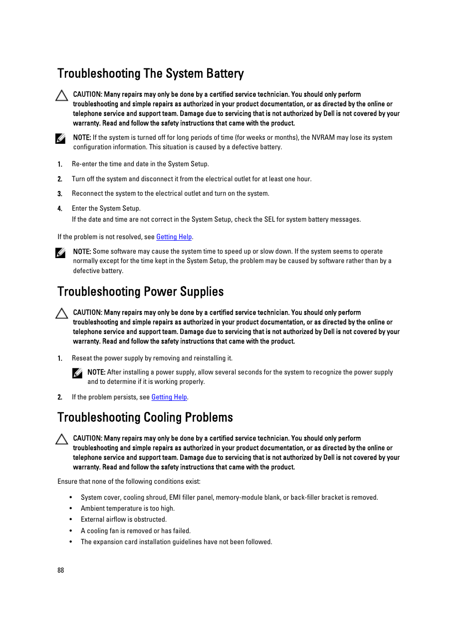 Troubleshooting the system battery, Troubleshooting power supplies, Troubleshooting cooling problems | Dell Powervault DL2300 User Manual | Page 88 / 121