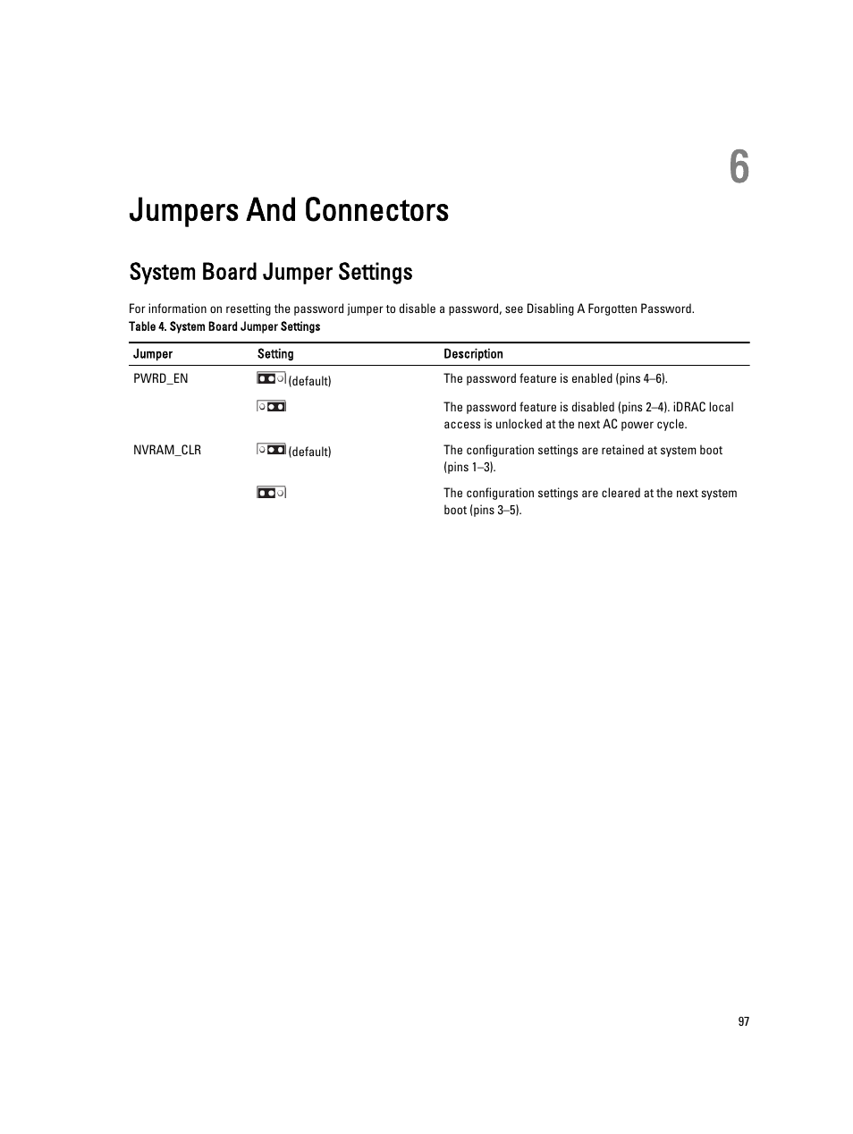 Jumpers and connectors, System board jumper settings, 6 jumpers and connectors | Dell Powervault DL2300 User Manual | Page 97 / 121