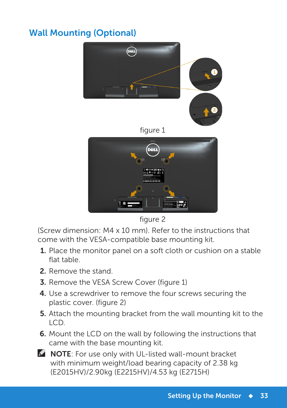 Wall mounting (optional), Figure 1, Setting up the monitor | Dell E2715H Monitor User Manual | Page 33 / 82