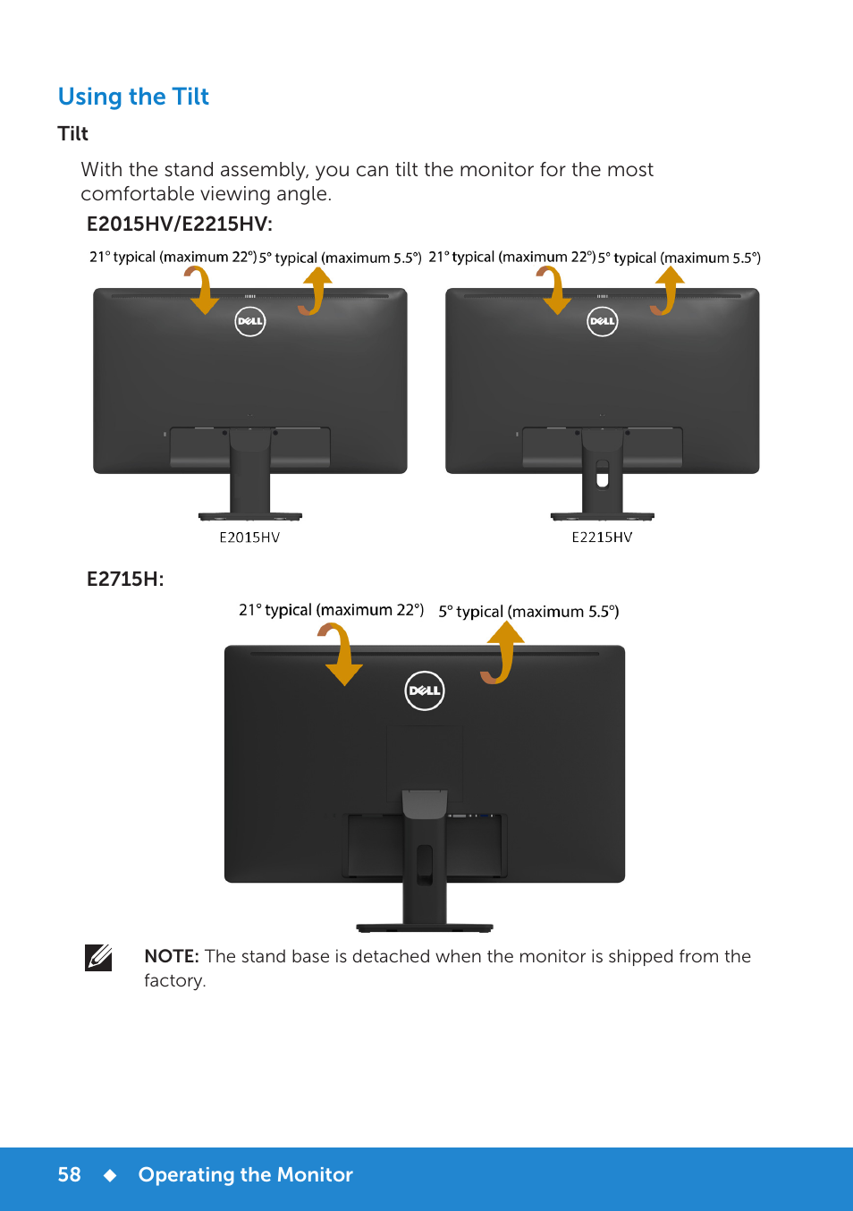 Using the tilt | Dell E2715H Monitor User Manual | Page 58 / 82