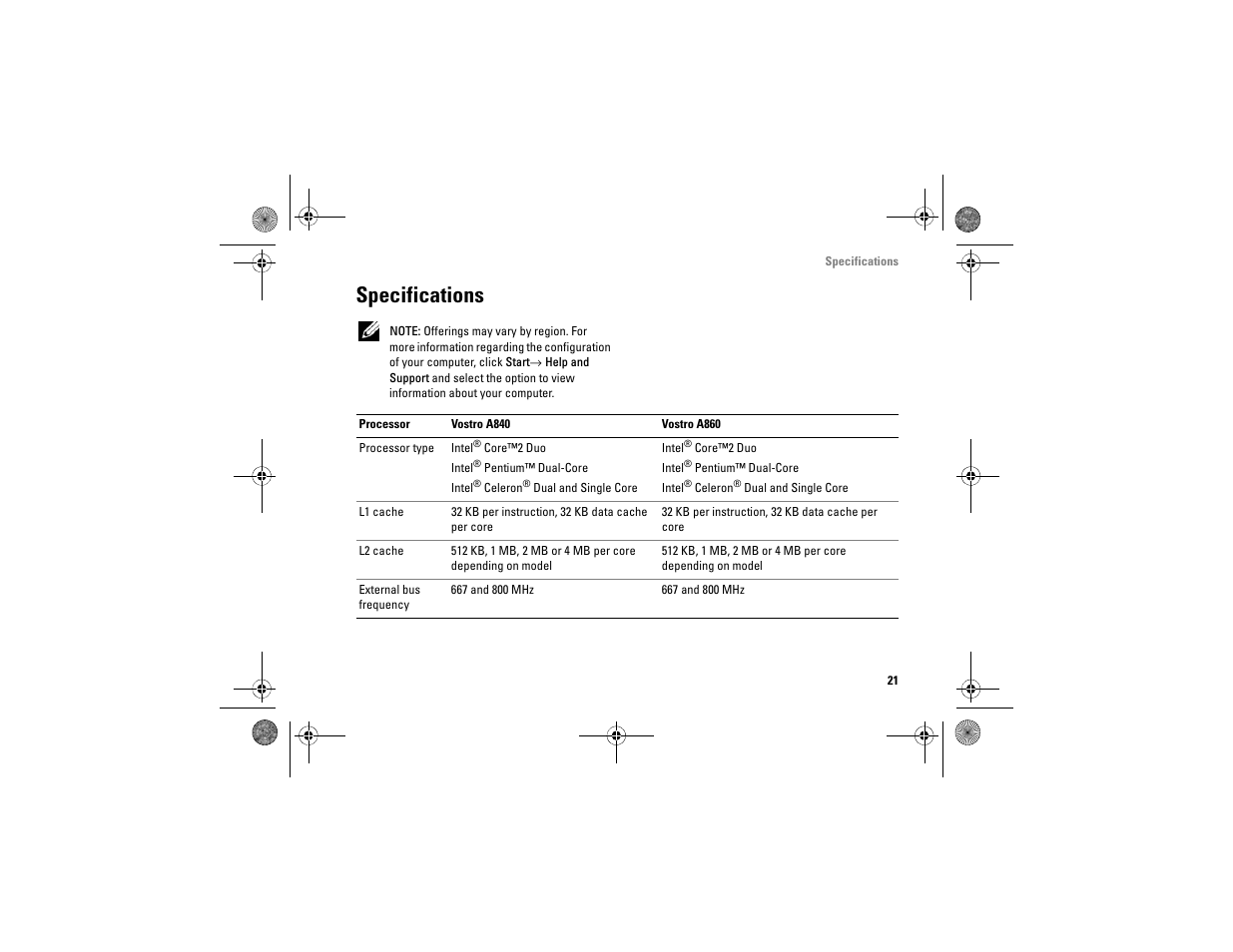 Specifications | Dell Vostro A860 (Late 2008) User Manual | Page 21 / 76