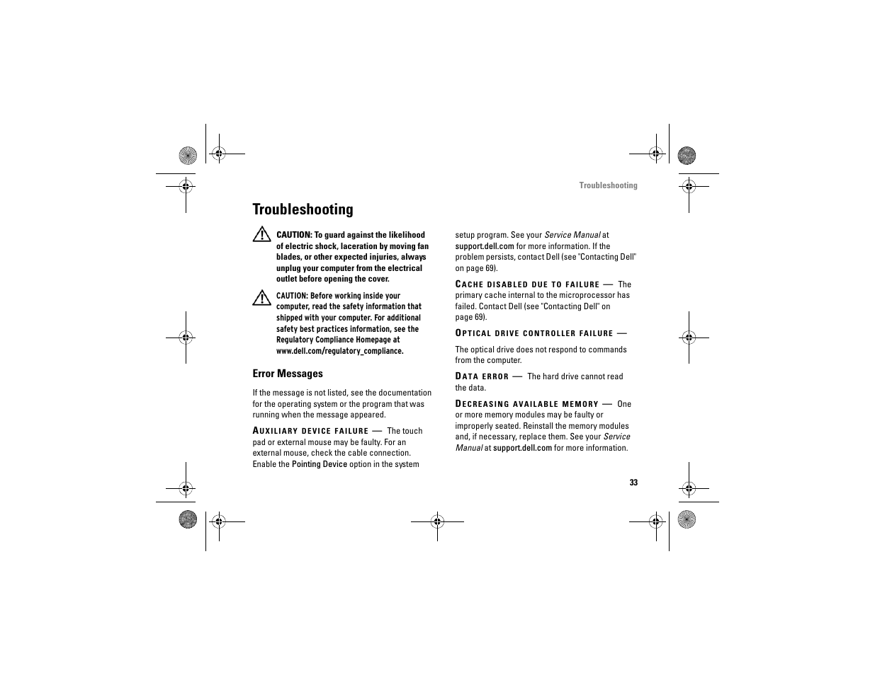 Troubleshooting, Error messages | Dell Vostro A860 (Late 2008) User Manual | Page 33 / 76