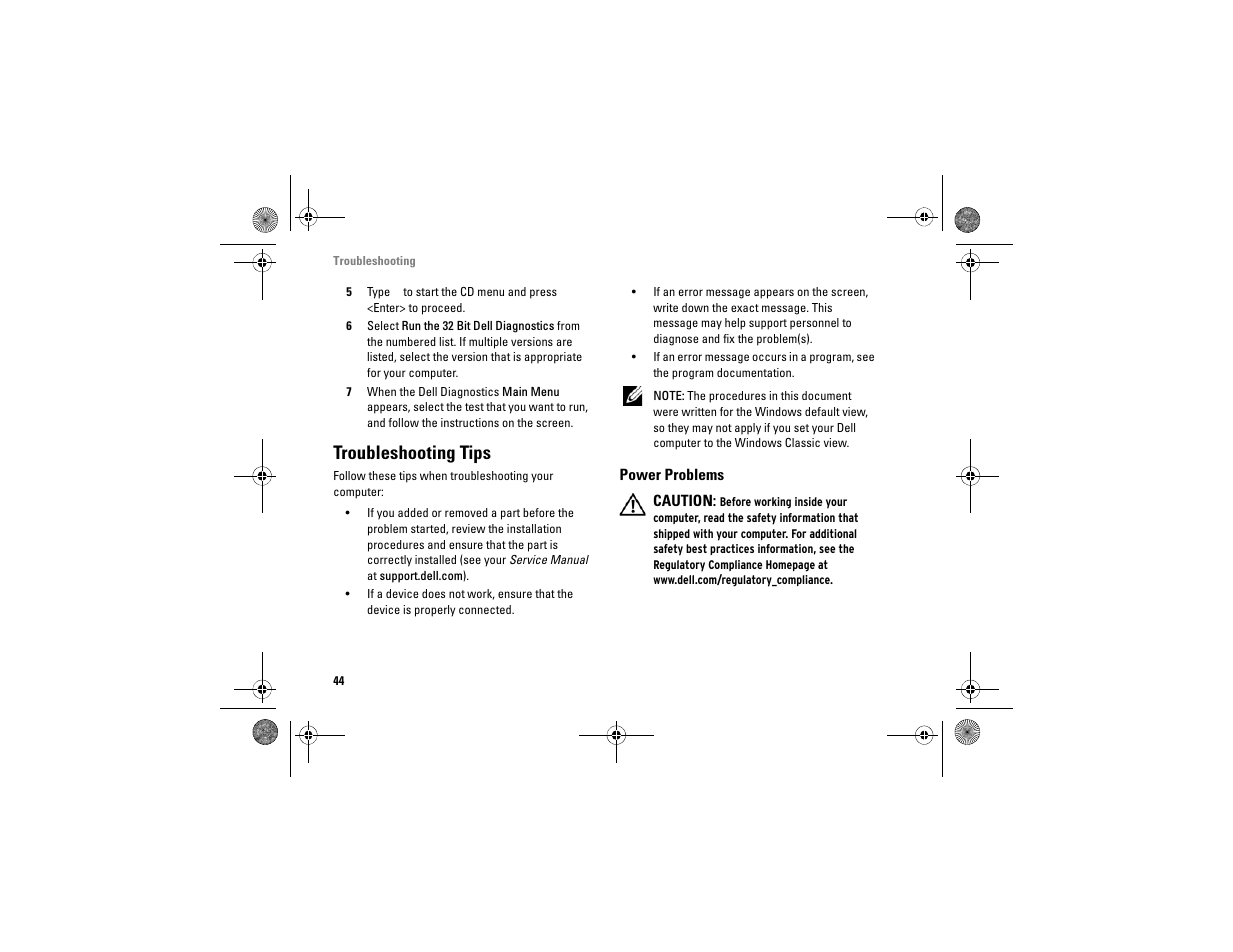 Troubleshooting tips, Power problems | Dell Vostro A860 (Late 2008) User Manual | Page 44 / 76