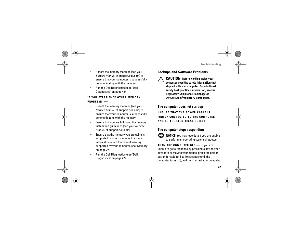 Lockups and software problems, Lockups and software, Problems | Dell Vostro A860 (Late 2008) User Manual | Page 47 / 76