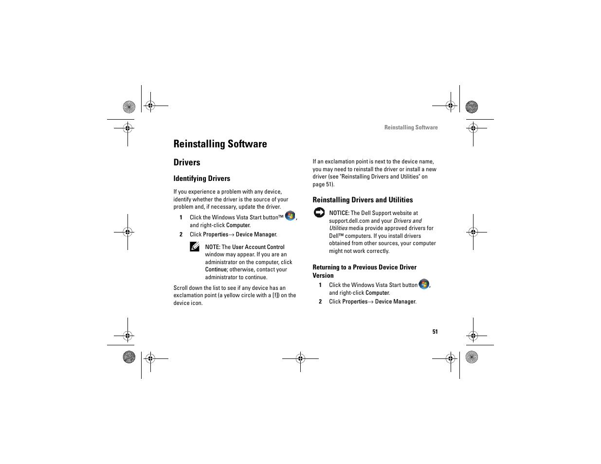 Reinstalling software, Drivers, Identifying drivers | Reinstalling drivers and utilities, Reinstalling drivers and, Utilities | Dell Vostro A860 (Late 2008) User Manual | Page 51 / 76
