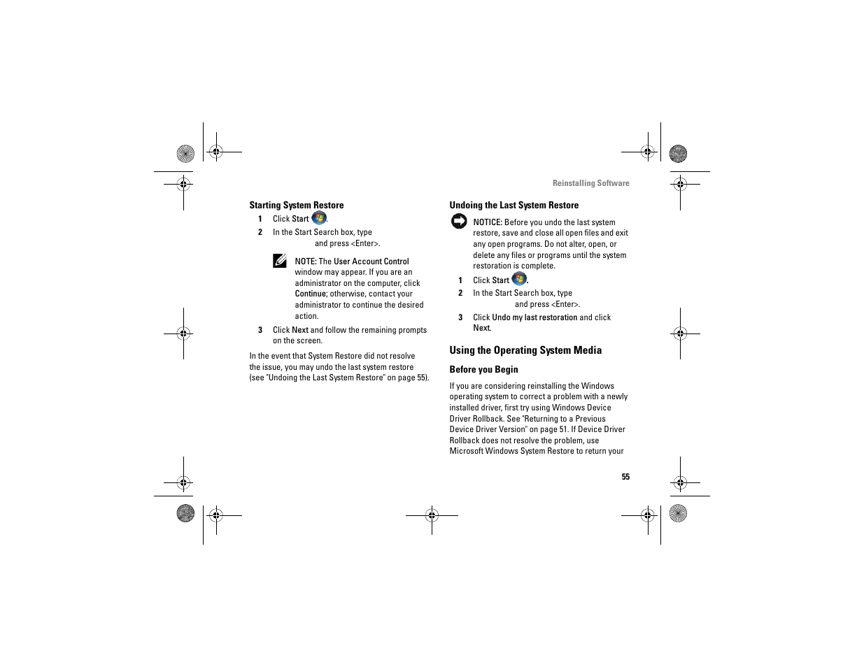 Using the operating system media, Using the operating system, Media | Dell Vostro A860 (Late 2008) User Manual | Page 55 / 76