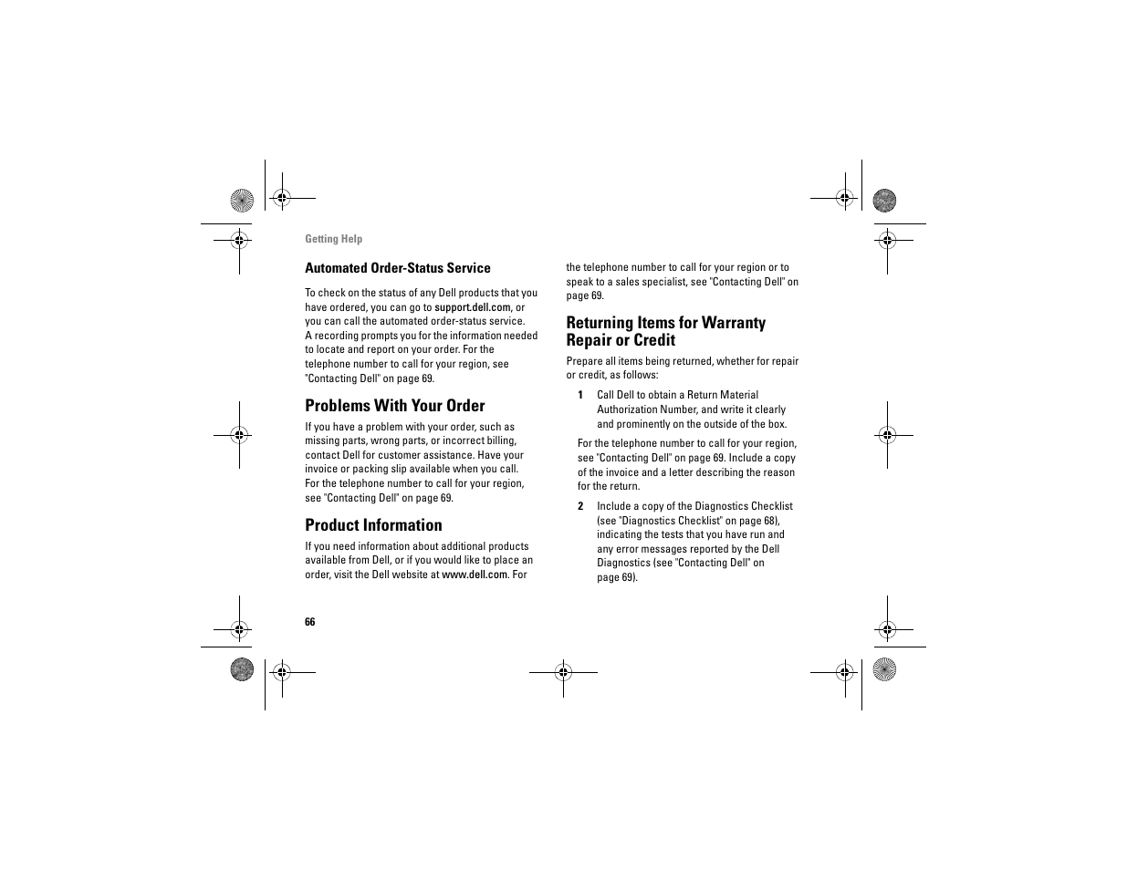 Automated order-status service, Problems with your order, Product information | Returning items for warranty repair or credit, Automated order-status, Service, Returning items for warranty, Repair or credit | Dell Vostro A860 (Late 2008) User Manual | Page 66 / 76
