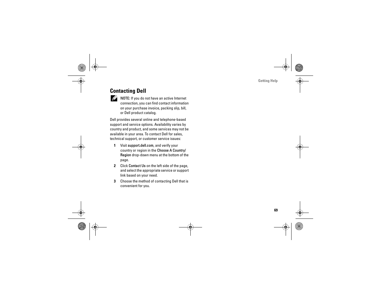 Contacting dell | Dell Vostro A860 (Late 2008) User Manual | Page 69 / 76