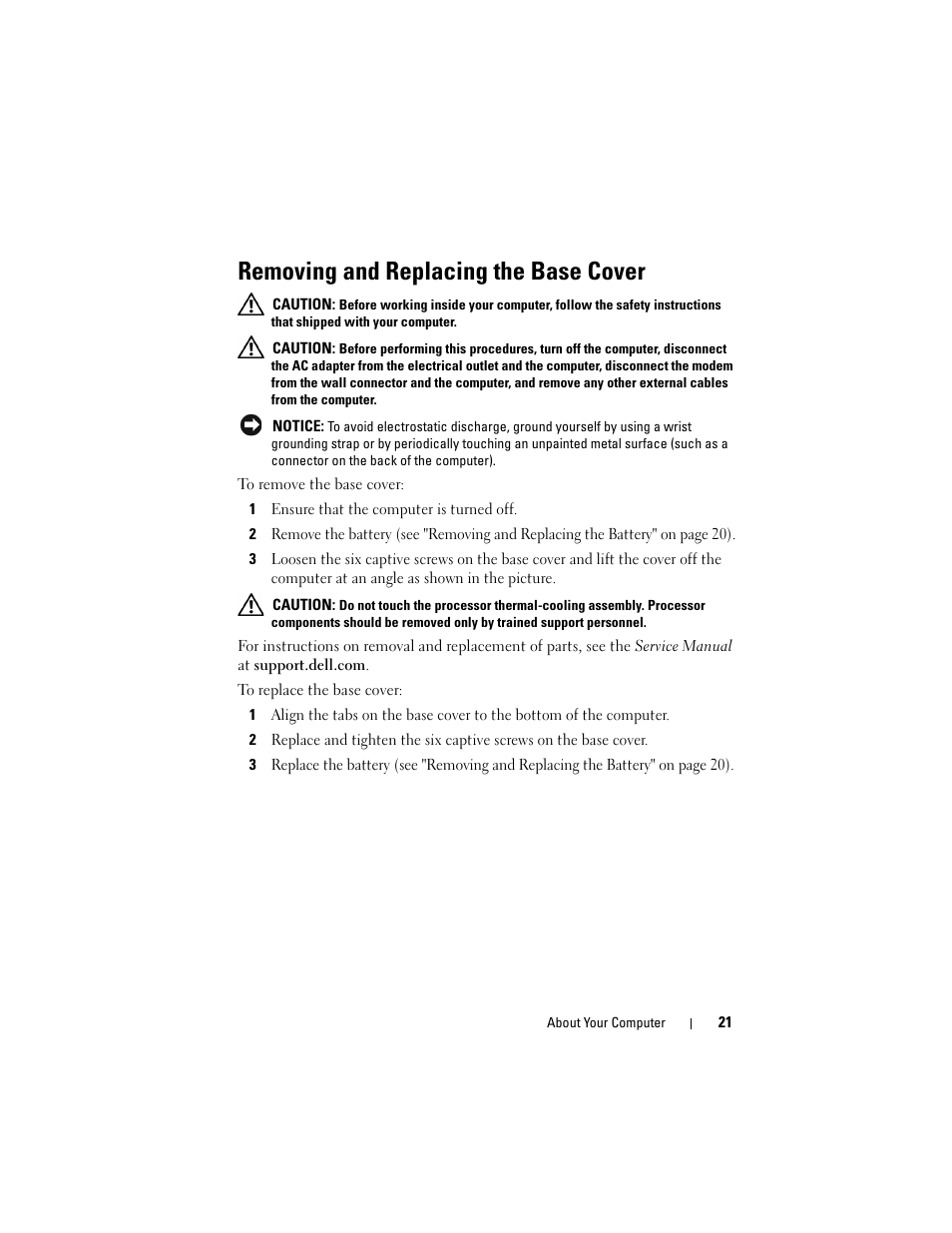 Removing and replacing the base cover | Dell Studio 1535 (Mid 2008) User Manual | Page 21 / 64