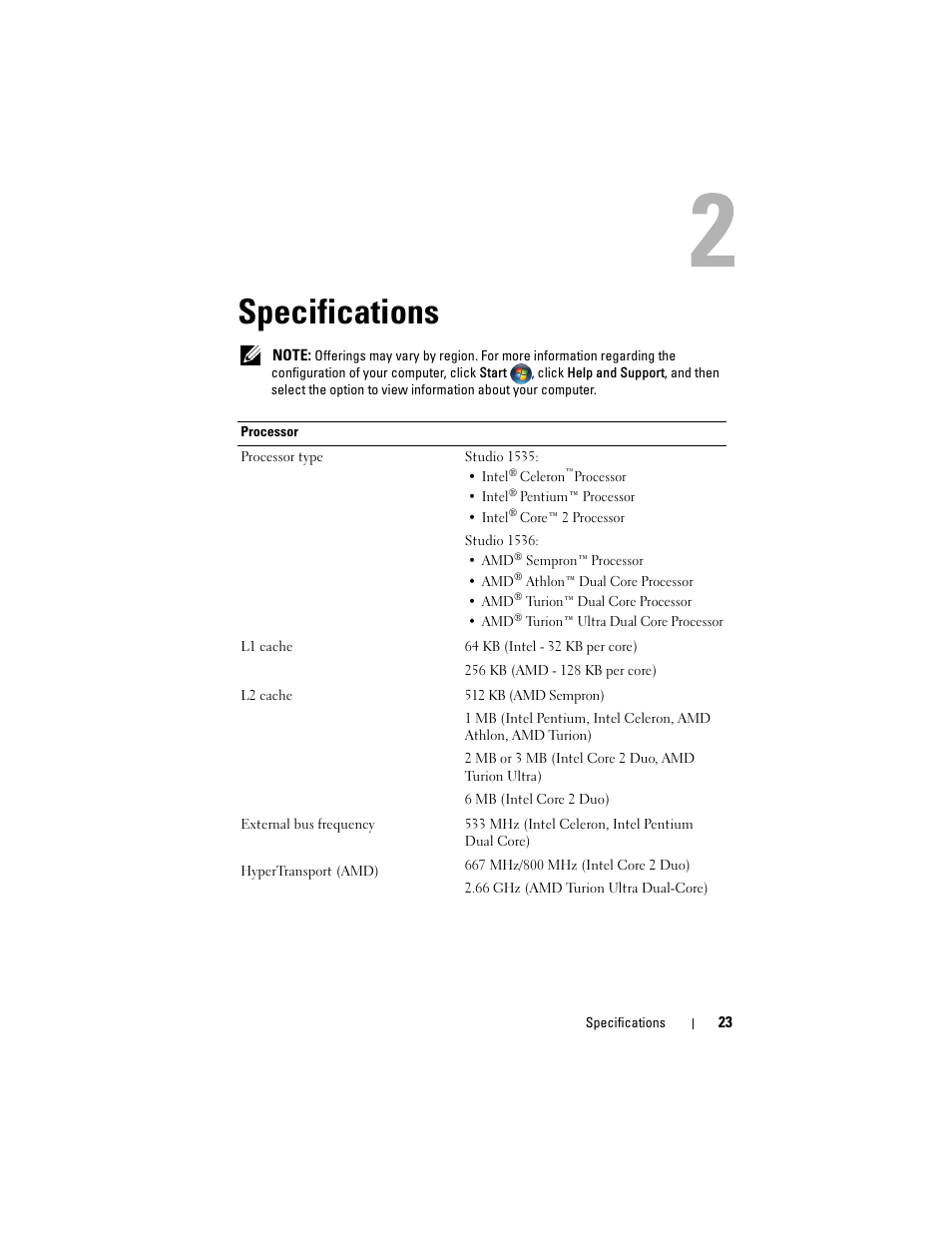 Specifications | Dell Studio 1535 (Mid 2008) User Manual | Page 23 / 64