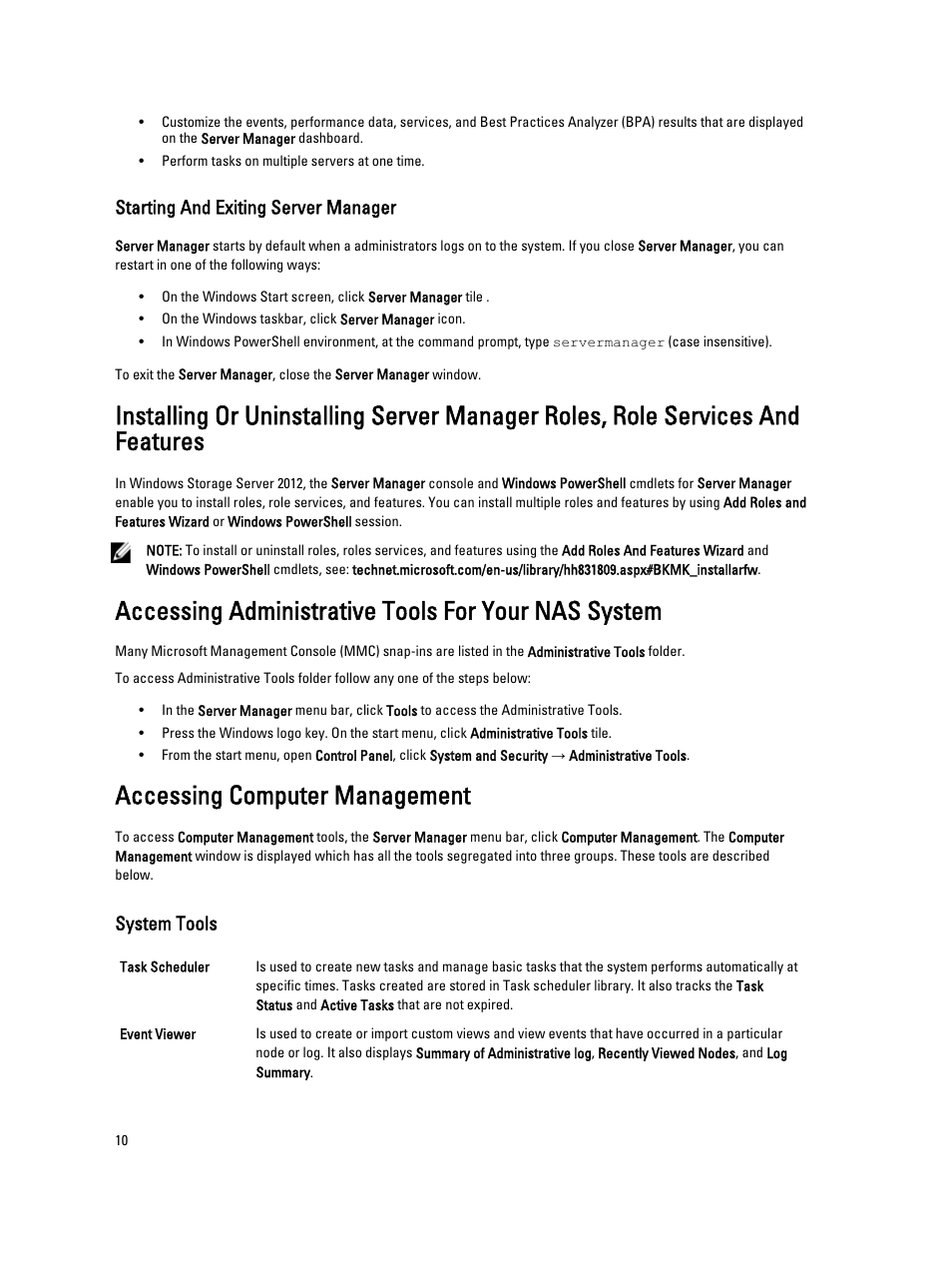 Starting and exiting server manager, Accessing administrative tools for your nas system, Accessing computer management | System tools | Dell PowerVault NX3300 User Manual | Page 10 / 34