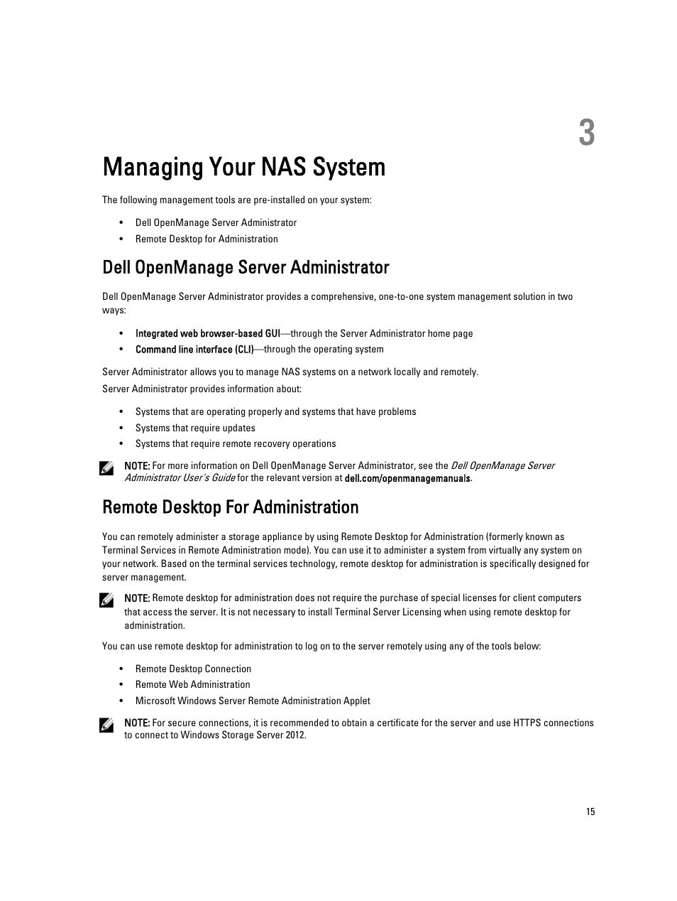 Managing your nas system, Dell openmanage server administrator, Remote desktop for administration | 3 managing your nas system | Dell PowerVault NX3300 User Manual | Page 15 / 34