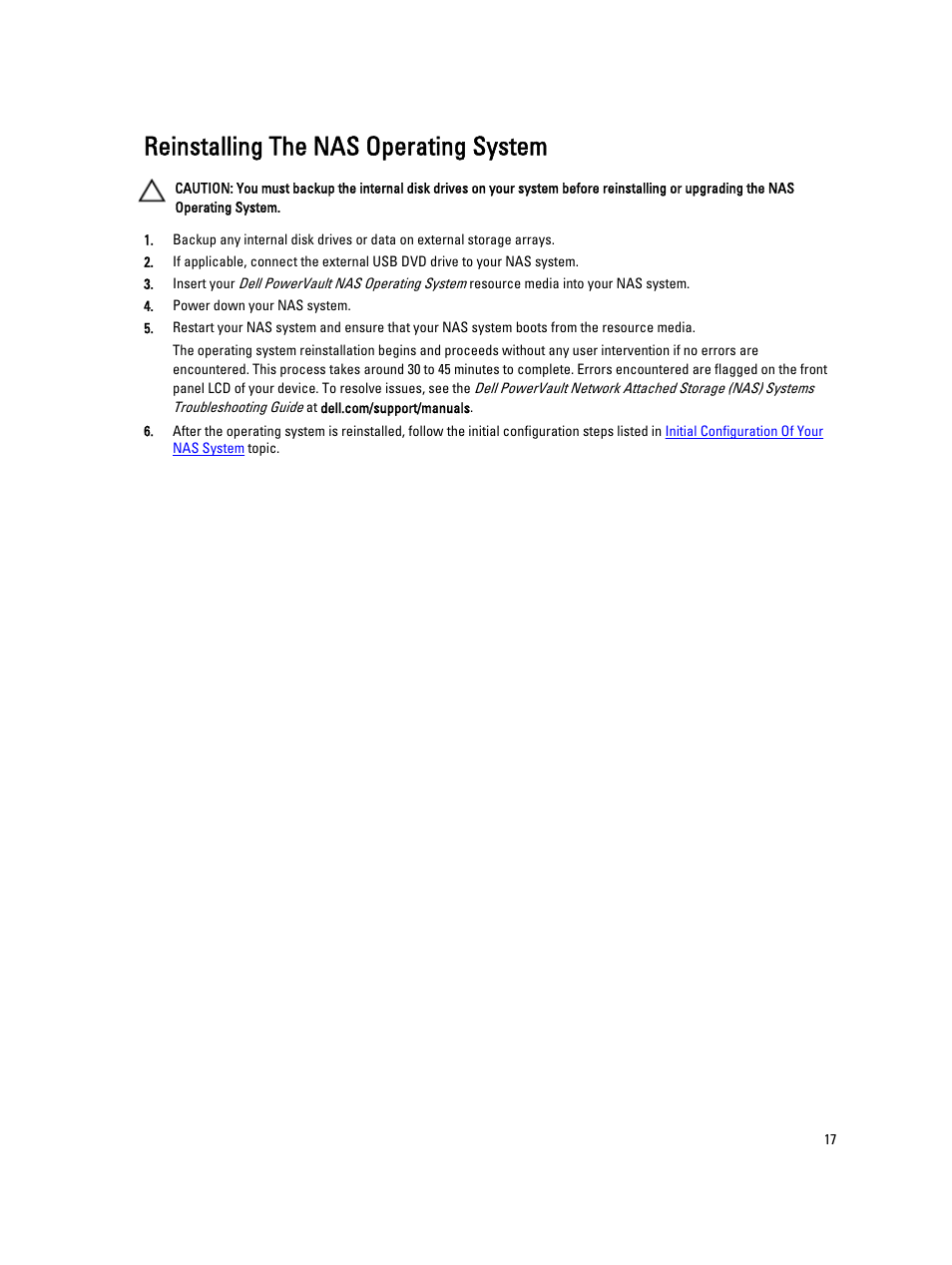 Reinstalling the nas operating system | Dell PowerVault NX3300 User Manual | Page 17 / 34