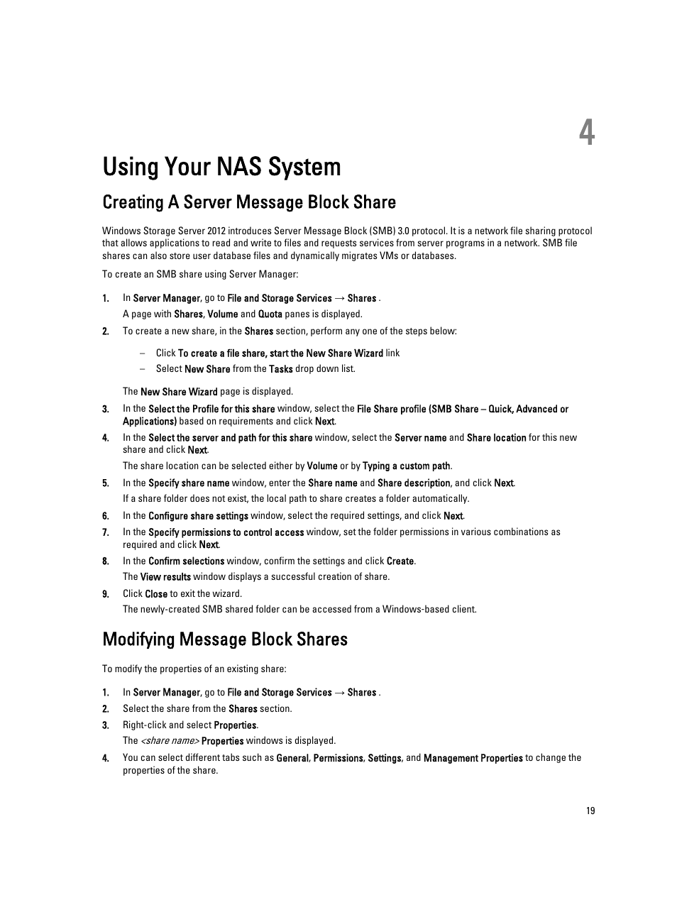 Using your nas system, Creating a server message block share, Modifying message block shares | 4 using your nas system | Dell PowerVault NX3300 User Manual | Page 19 / 34