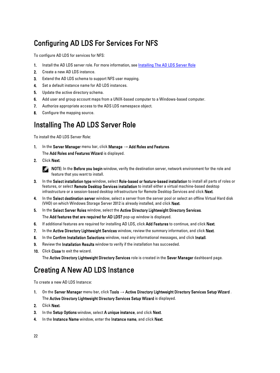 Configuring ad lds for services for nfs, Installing the ad lds server role, Creating a new ad lds instance | Dell PowerVault NX3300 User Manual | Page 22 / 34