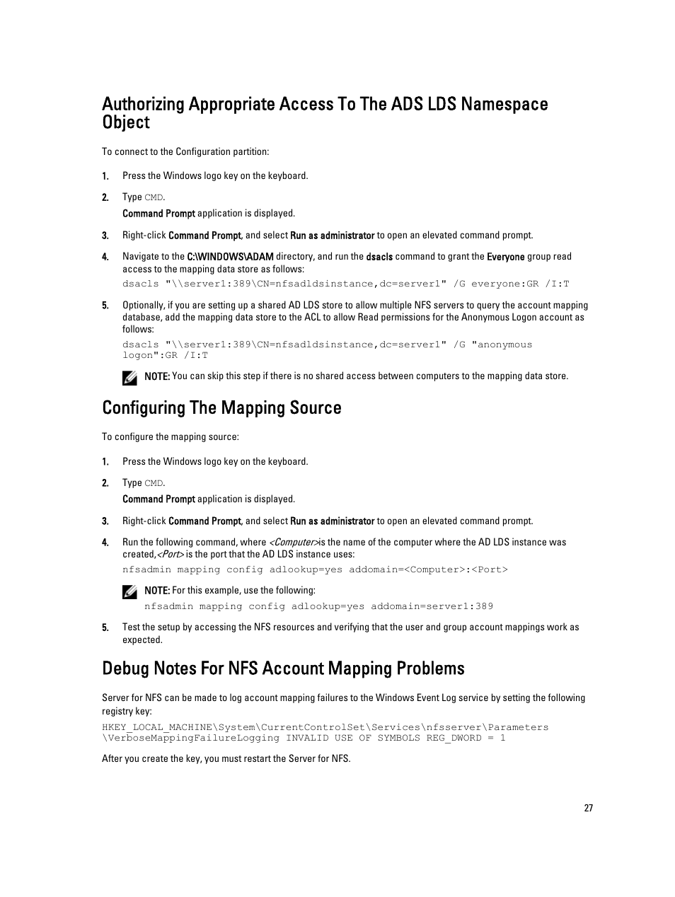 Configuring the mapping source, Debug notes for nfs account mapping problems | Dell PowerVault NX3300 User Manual | Page 27 / 34