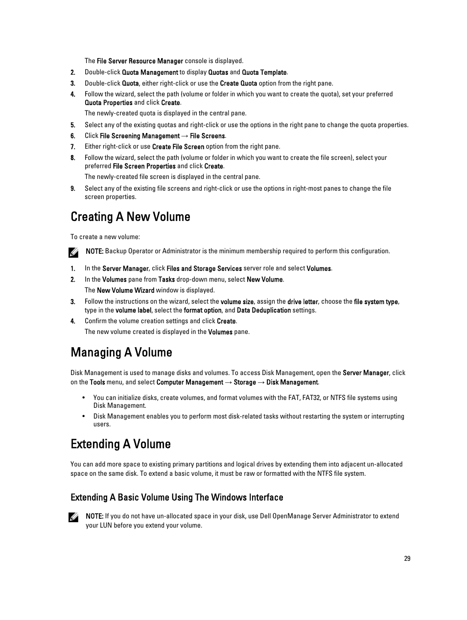 Creating a new volume, Managing a volume, Extending a volume | Dell PowerVault NX3300 User Manual | Page 29 / 34