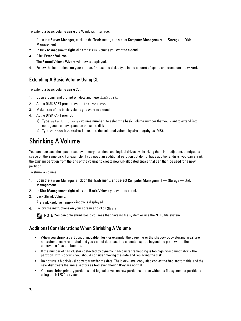 Extending a basic volume using cli, Shrinking a volume, Additional considerations when shrinking a volume | Dell PowerVault NX3300 User Manual | Page 30 / 34