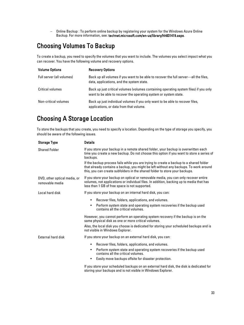 Choosing volumes to backup, Choosing a storage location | Dell PowerVault NX3300 User Manual | Page 33 / 34