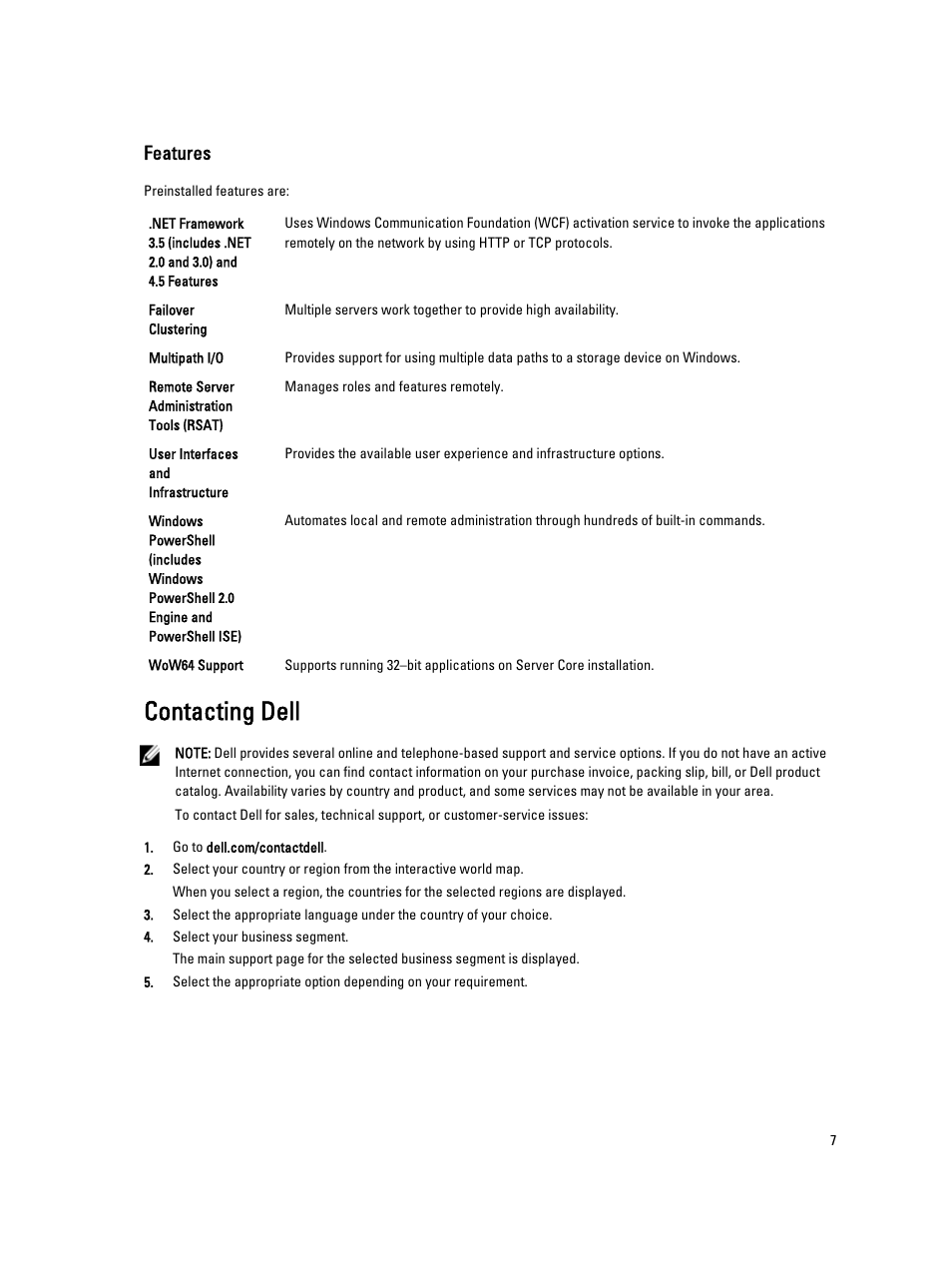 Features, Contacting dell | Dell PowerVault NX3300 User Manual | Page 7 / 34