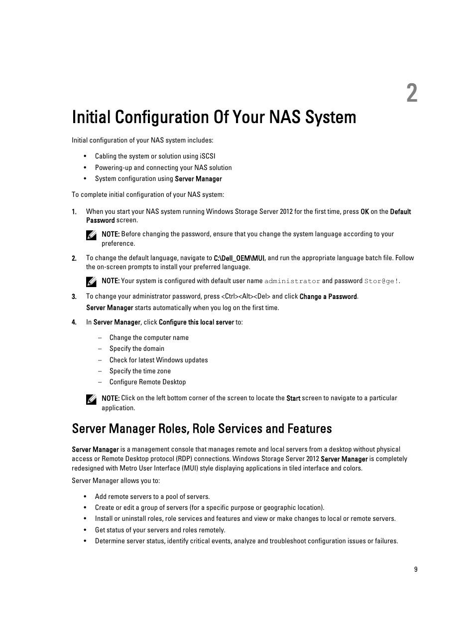 Initial configuration of your nas system, Server manager roles, role services and features, 2 initial configuration of your nas system | Dell PowerVault NX3300 User Manual | Page 9 / 34