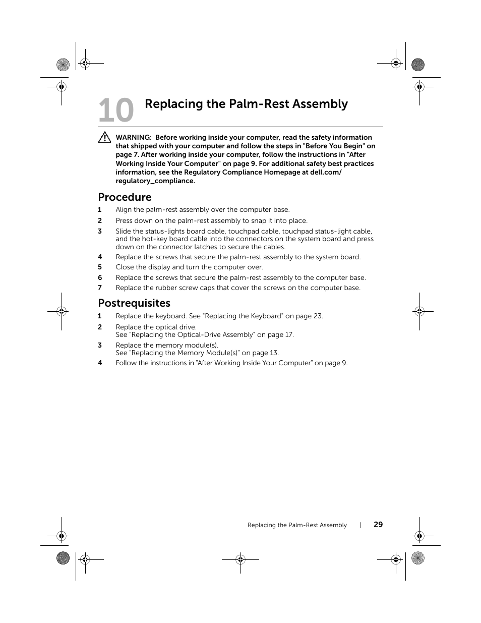 Replacing the palm-rest assembly, Procedure, Postrequisites | Dell Inspiron 14z (5423, Mid 2012) User Manual | Page 29 / 94