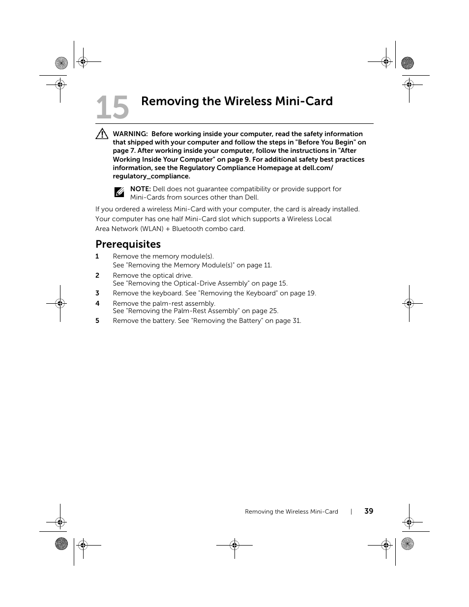 Removing the wireless mini-card, Prerequisites | Dell Inspiron 14z (5423, Mid 2012) User Manual | Page 39 / 94