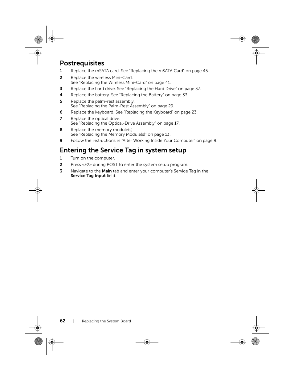 Postrequisites, Entering the service tag in system setup | Dell Inspiron 14z (5423, Mid 2012) User Manual | Page 62 / 94