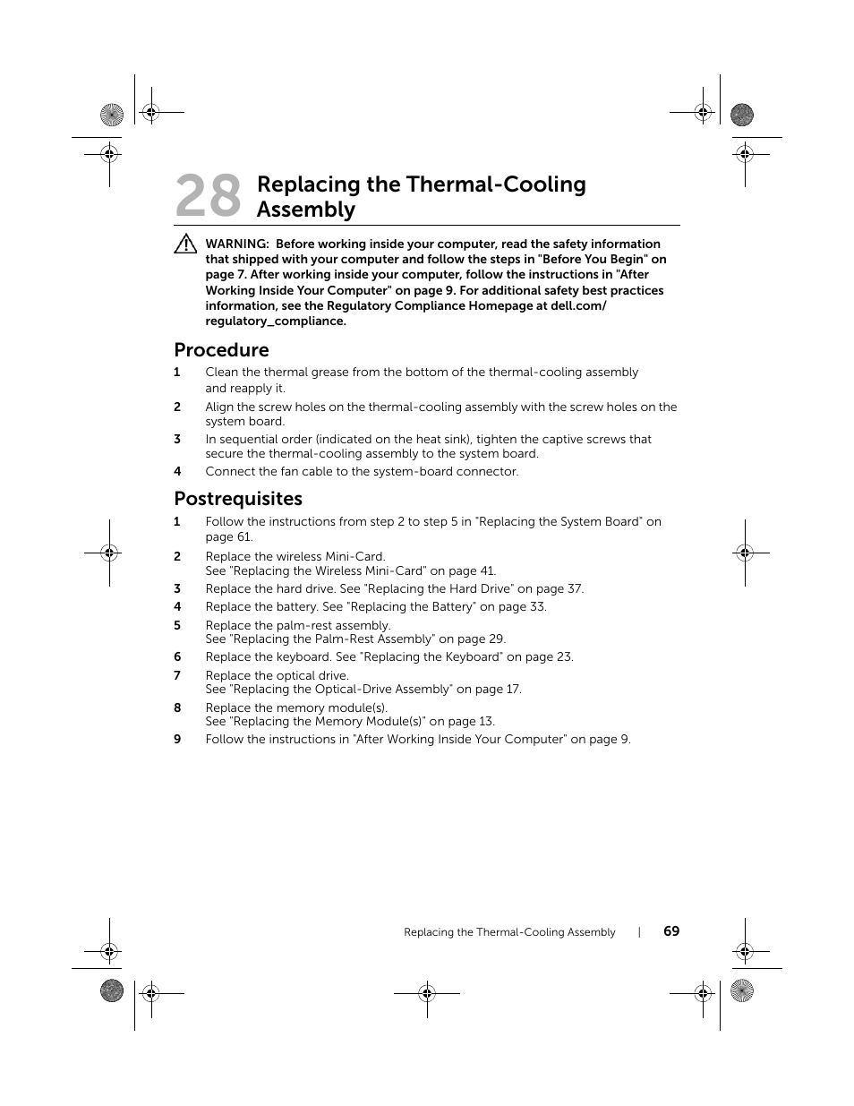 Replacing the thermal-cooling assembly, Procedure, Postrequisites | Dell Inspiron 14z (5423, Mid 2012) User Manual | Page 69 / 94