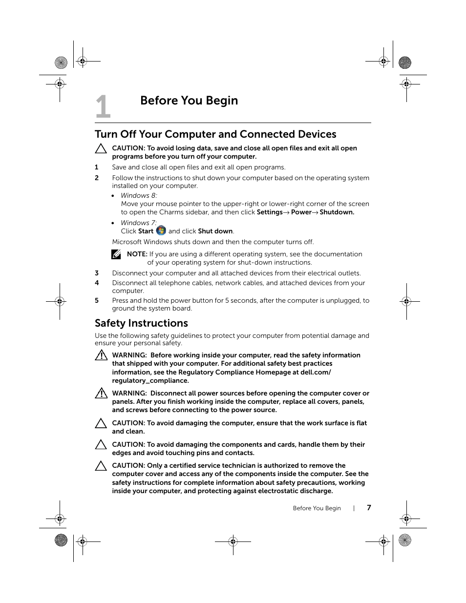 Before you begin, Turn off your computer and connected devices, Safety instructions | Dell Inspiron 14z (5423, Mid 2012) User Manual | Page 7 / 94