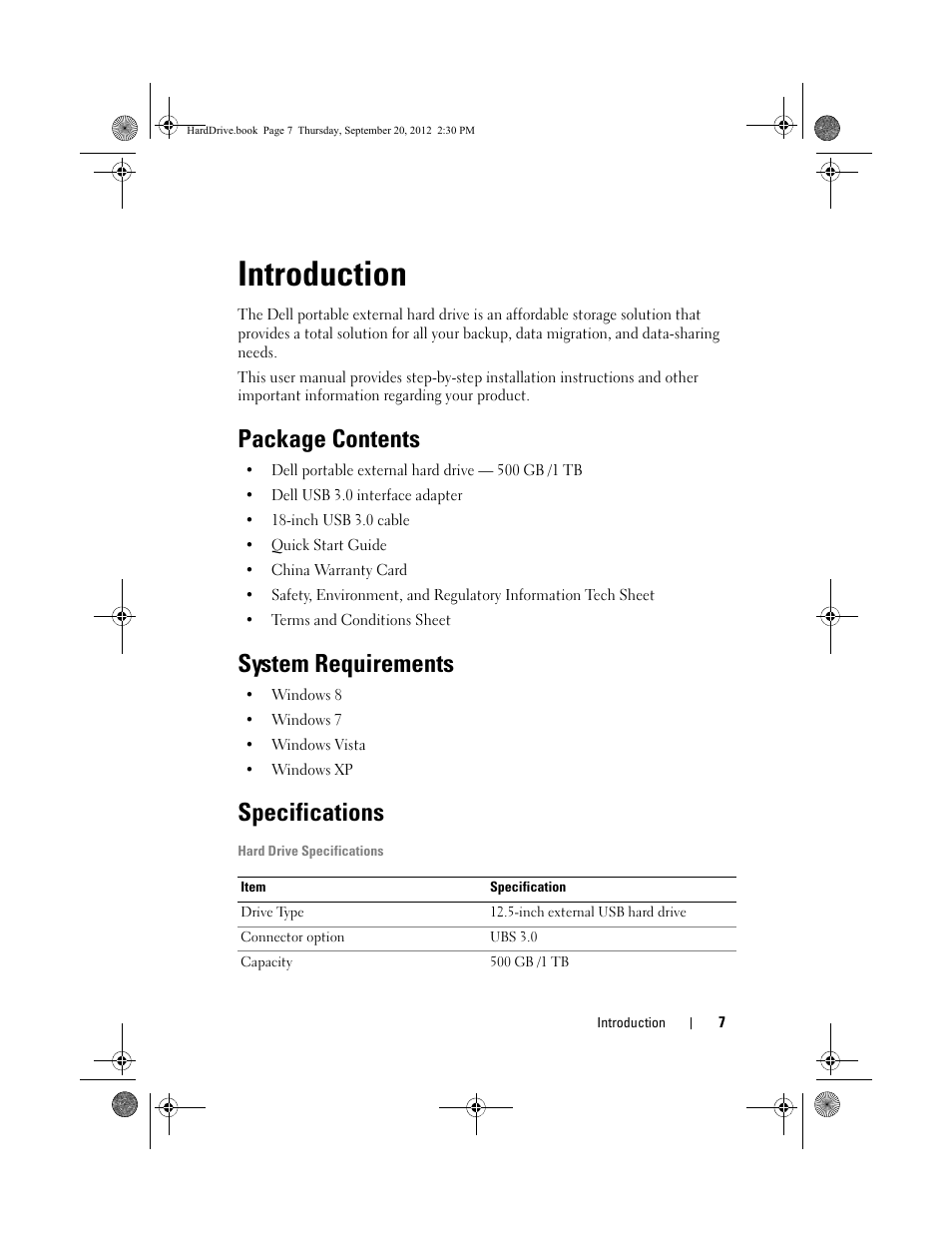 Introduction, Package contents, System requirements | Specifications | Dell 500GB Portable External Hard Drive USB 3.0 User Manual | Page 7 / 16