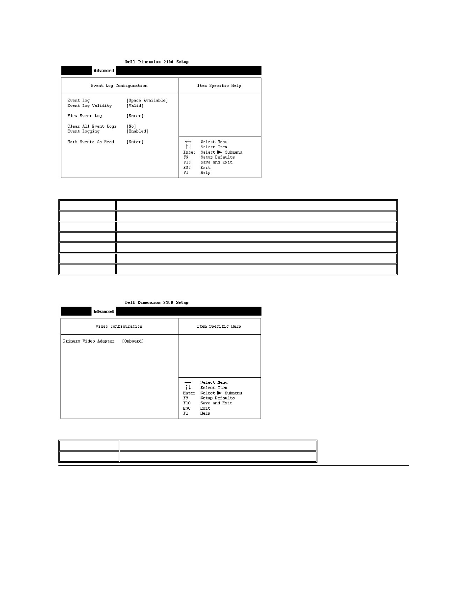 Security screen, Displays the, Video configuration submenu | Dell Dimension 2100 User Manual | Page 36 / 44