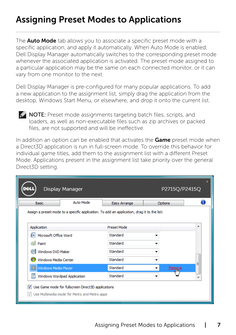 Assigning preset modes to applications | Dell P2715Q Monitor User Manual | Page 7 / 10