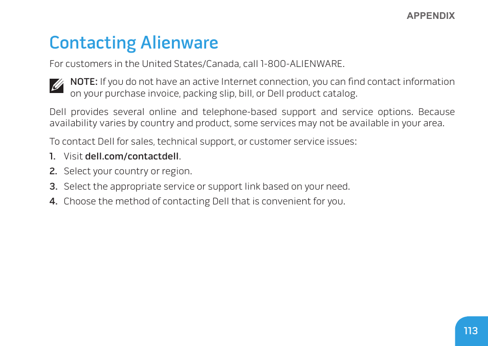Contacting alienware | Dell Alienware M11x R3 (Early 2011) User Manual | Page 115 / 118