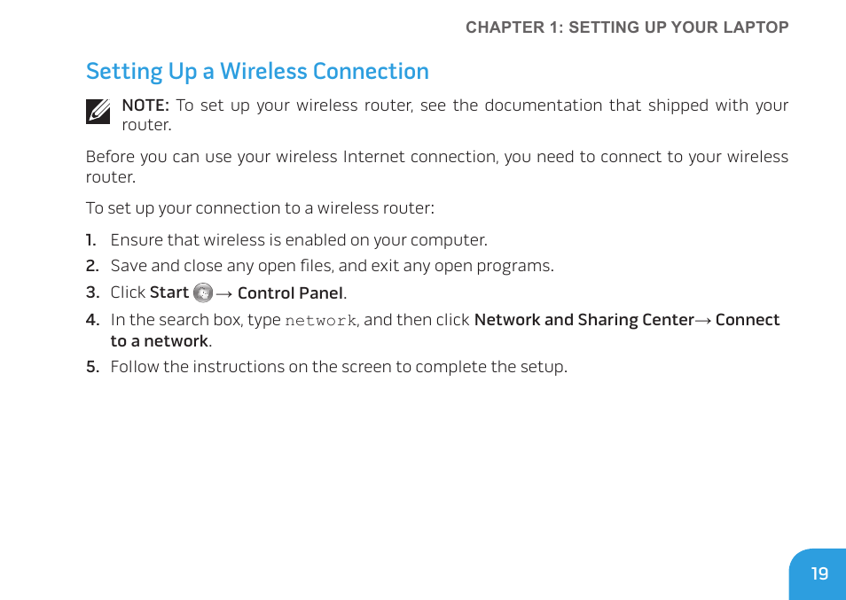 Setting up a wireless connection | Dell Alienware M11x R3 (Early 2011) User Manual | Page 21 / 118