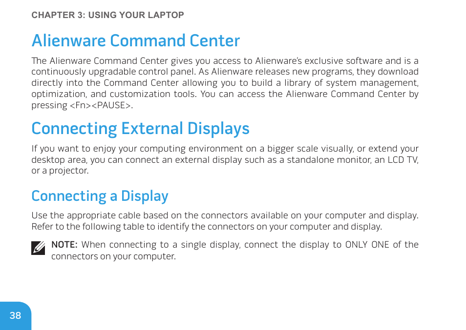 Alienware command center, Connecting external displays, Connecting a display | Dell Alienware M11x R3 (Early 2011) User Manual | Page 40 / 118