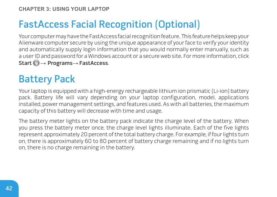 Fastaccess facial recognition (optional), Battery pack | Dell Alienware M11x R3 (Early 2011) User Manual | Page 44 / 118