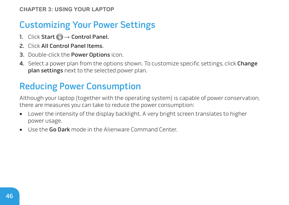 Customizing your power settings, Reducing power consumption | Dell Alienware M11x R3 (Early 2011) User Manual | Page 48 / 118